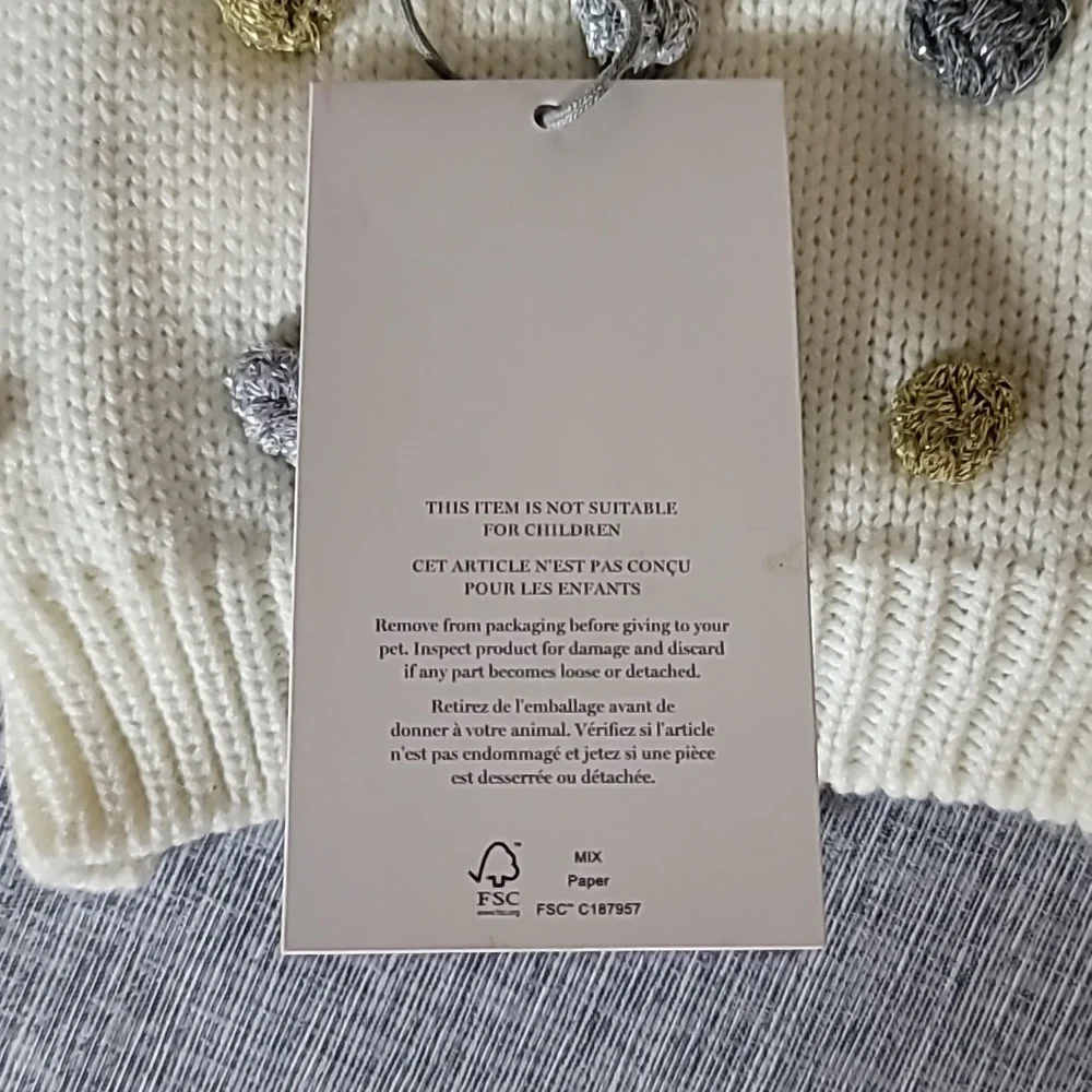 Martha Stewart Cream Dog Sweater Gold Silver Pom Pom Size XS NWT